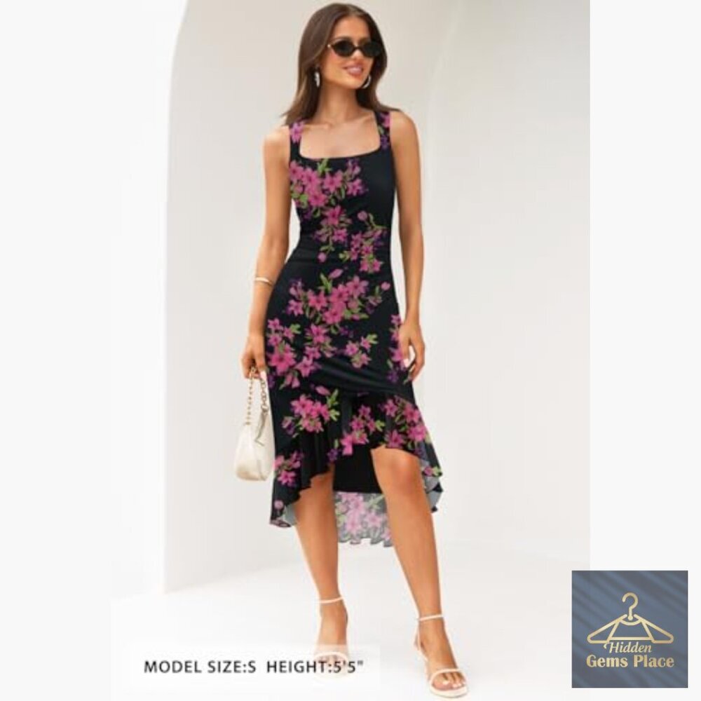 Floral Bodycon Midi Dress Sleeveless Square Neck Ruffle Cocktail - Picture 4 of 7